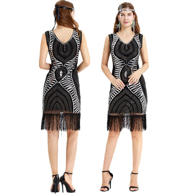 

1920s retro sequined fringed dress wedding dress new slim sleeveless V-neck handmade dress beaded tassel party dress hot selling