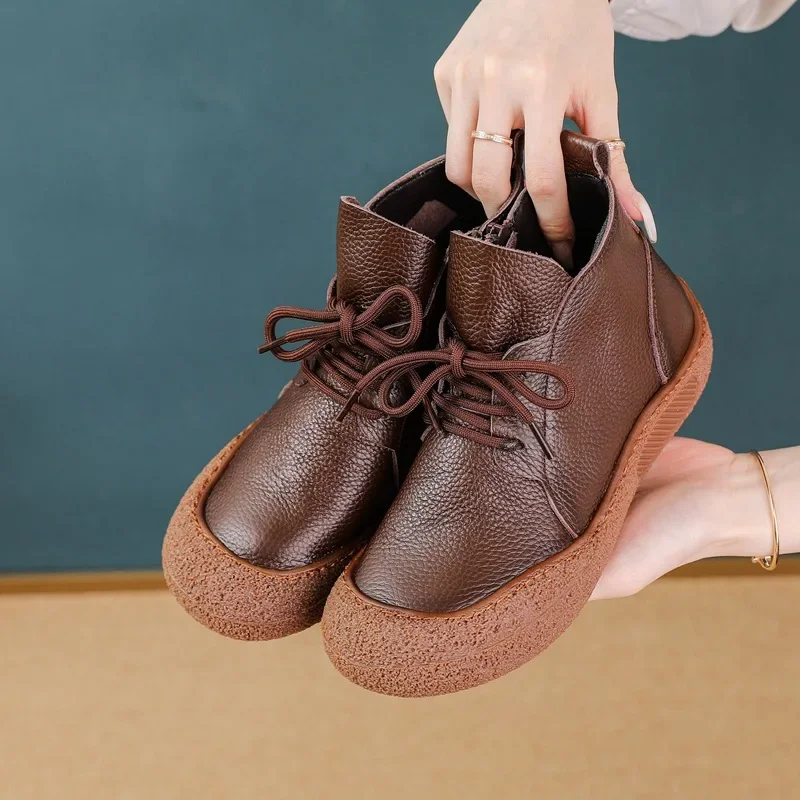 

2025Cow Leather Ankle Boots Women's Laced Up Waterproof Shoes Ladies Wide Fit Short Boots Woman Oxfors Shoes Brown Booties