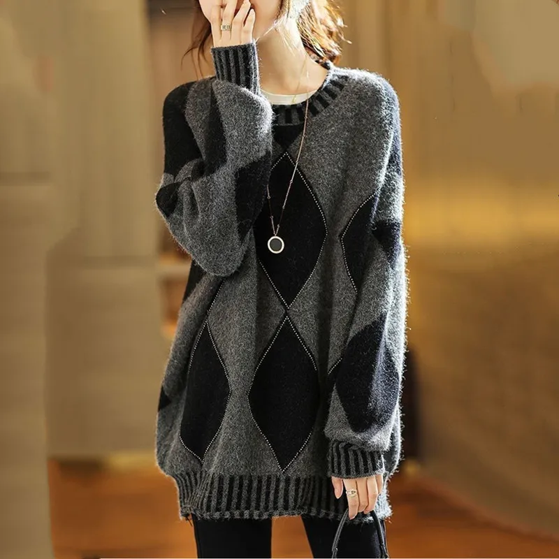 Pull à col rond pour femme, pull surdimensionné, patchwork décontracté, chemises minces, vêtements élégants, mode automne et hiver, nouveau, 2023