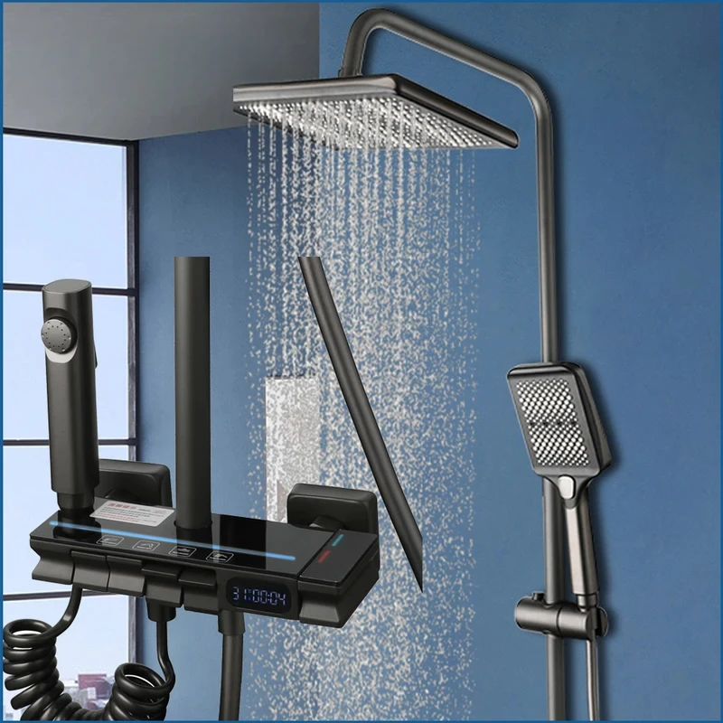 Shower System Digital Display Shower Faucet Set Wall Mount 4 Functions Rain Shower Hot Cold Mixers with Bidet Sprayers