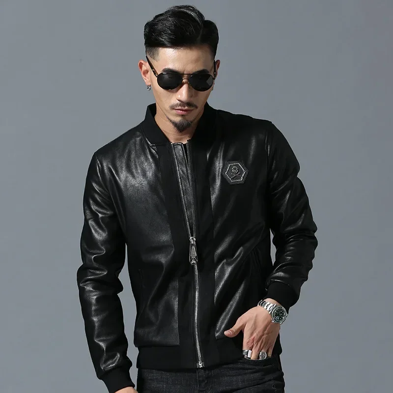 2024 Skull Rhinestones PU Jackets Men High Street Style Stand-Neck Sudaderas Hombre Rib Sleeve Streetwear Mens Jackets and Coats