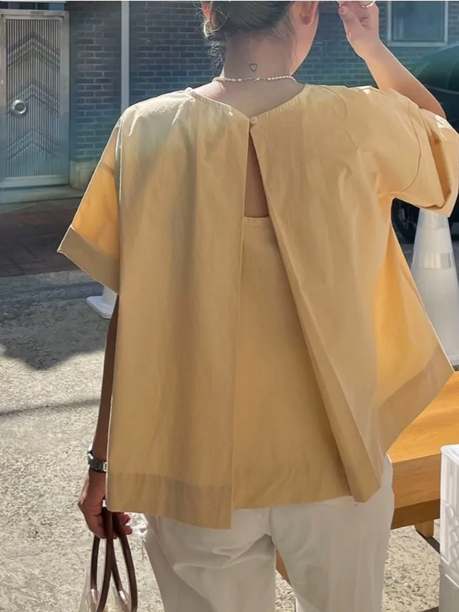 Summer Hollow out Back Design Korean Style Women's Shirt Loose Fashionable Top Polyester Fiber Short Sleeve round Neck