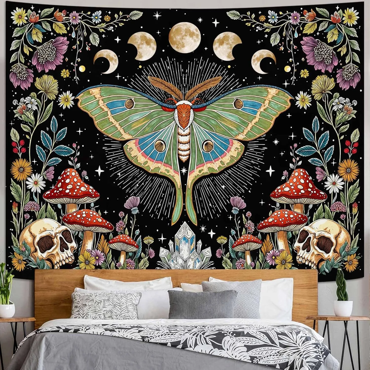 نسيج الشمس والقمر المستخدم لغرفة النوم الهبيز البوهيمي زهرة النبات قماش مزخرف جداري الجمالية الرجعية غالاكسي ستار الروح شريط كبير