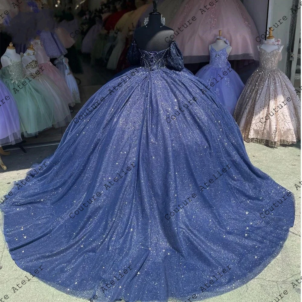 Vestido de quinceañera azul marino brillante con hombros descubiertos, vestido de baile con cuentas, dulce vestido de novia, 15, 16, 2024