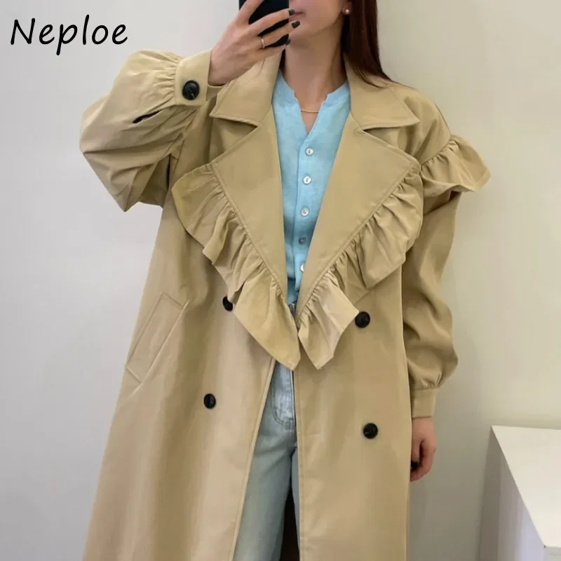 

Neploe Korean Chic Niche Sweet Ruffle Edge Splicing Long Windbreaker Coats Femme 2024 Autumn Solid Color Lapel Color Trench