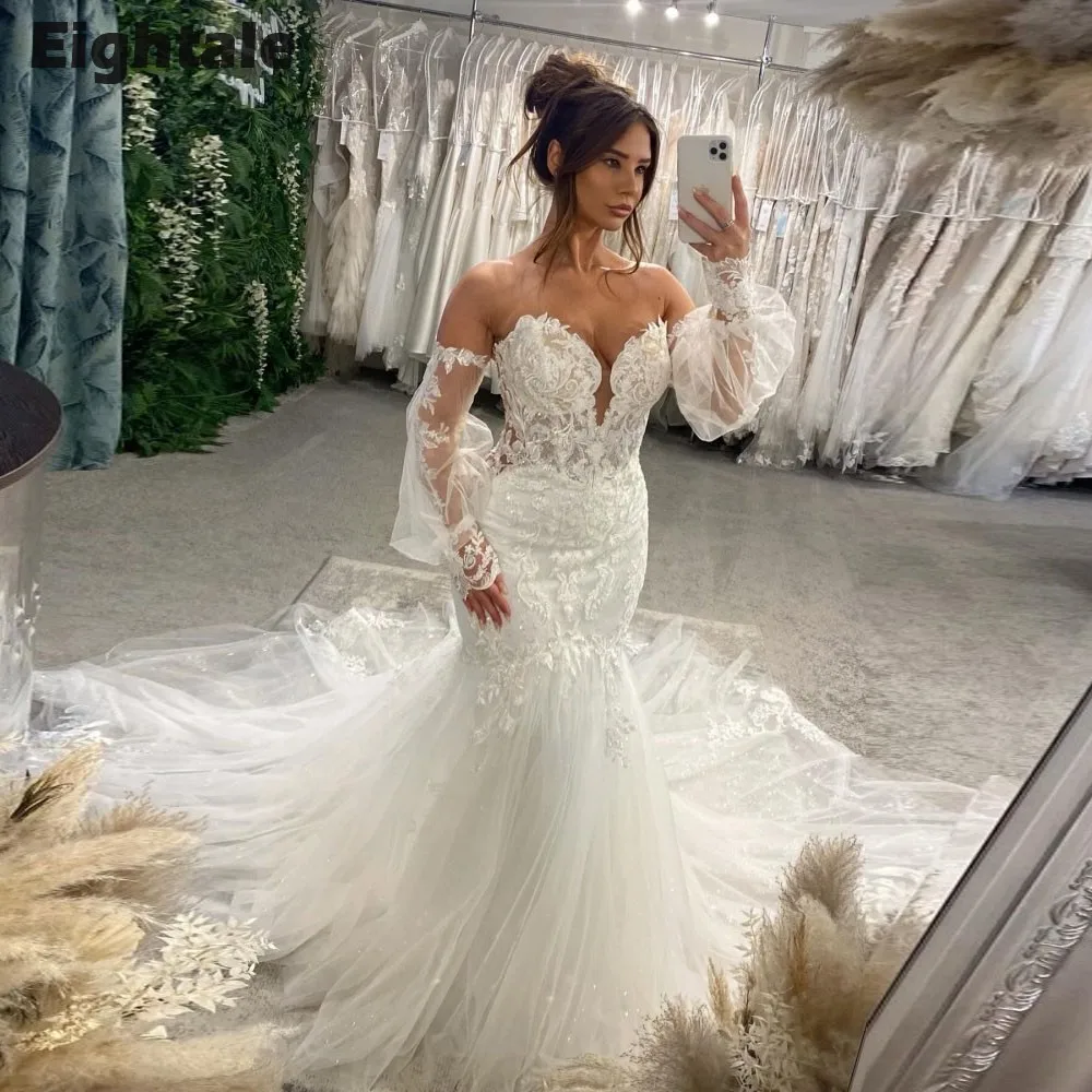 Eightale Abito da sposa di lusso con spalle scoperte Pizzo personalizzato maniche lunghe Abiti da festa Abito da sposa bianco avorio Vestido De Noiva