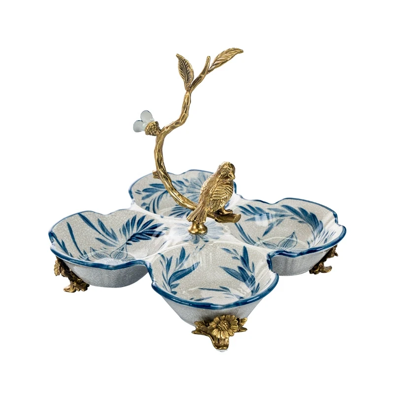 European Ceramic Divided Serving Tray Plate With Brass Bird Decor Handle Blue And White Porcelain Fruit Candy Snacks Bowl Luxury