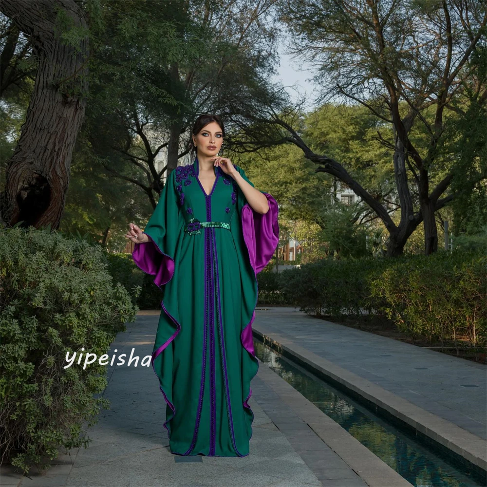 Vestido largo personalizado con fajas de flores de Jersey, fiesta de boda fruncida, corte en A, cuello en V, vestido para ocasión a medida