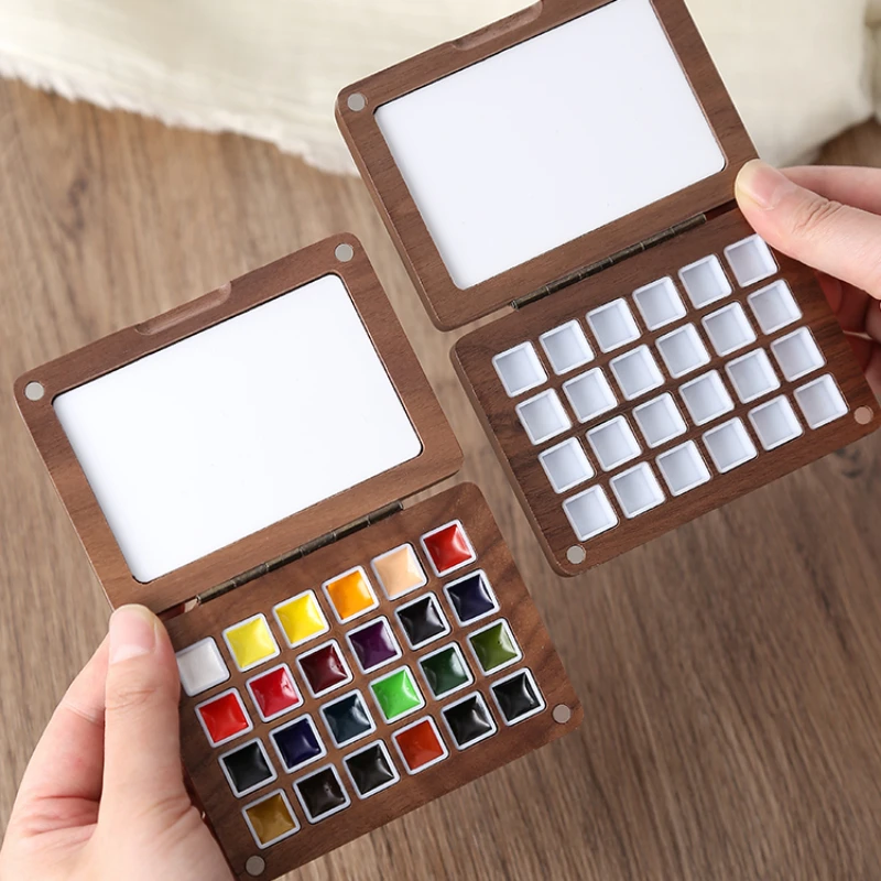 24 Grids 0.5ML Paint Box Portable Walnut Watercolor Palette Travel Sketching Aquarelle Palette Painting Art Supplies Paint Tray