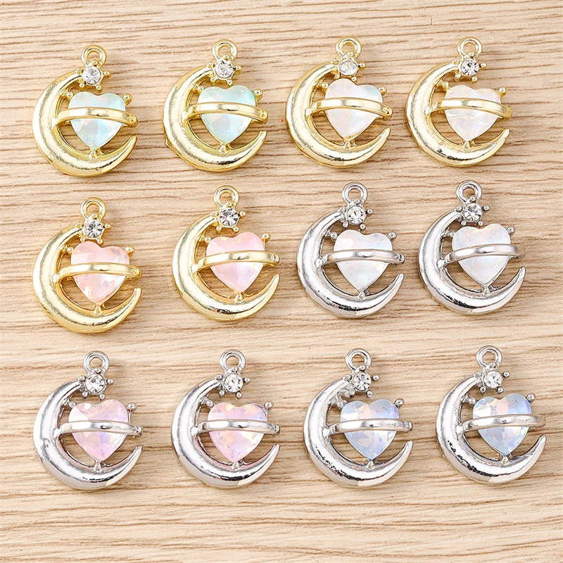 5pcs 15x19mm Elegant Crystal Moon Love Heart Charms Pendants for Jewelry Making Necklaces Earrings Bracelets DIY Crafts Supplies