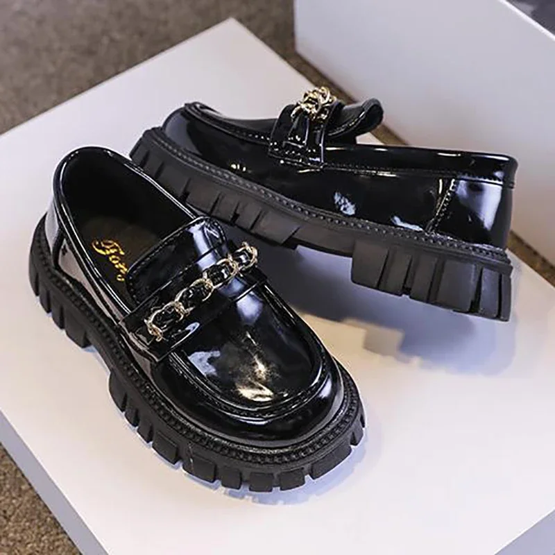 Spring Autumn New Baby Princess Shoes Metal Black Children\'s Fashion Casual Kids Shiny PU Girls Mary Janes