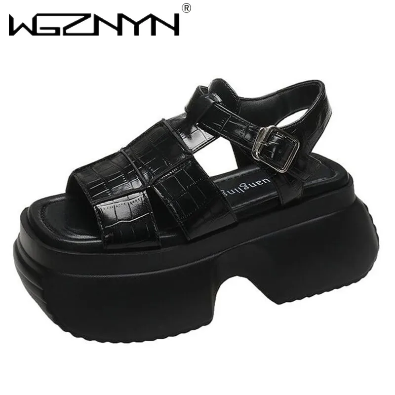 

High Platform Sandals Women New 2024 Summer Breathable 8CM High Heels Ladies Leather Sneakers Chunky Slippers Sandalias Mujer