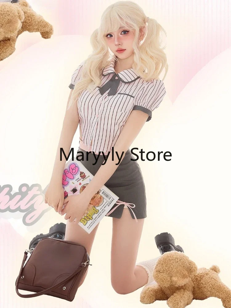 Casual Japanese Y2k Party Suits Style Women Striped Short Sleeve Blouse + Bodycon Mini Skirts 2023 Summer Kawaii Clothing Outfit