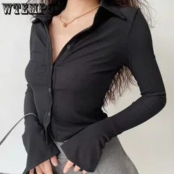 Five Colors Polo Lapel Flare Sleeve Slim Shirt Women Short Top Pure Desire Sexy Hottie Single Row Buckle Cardigan Elastic Fabric