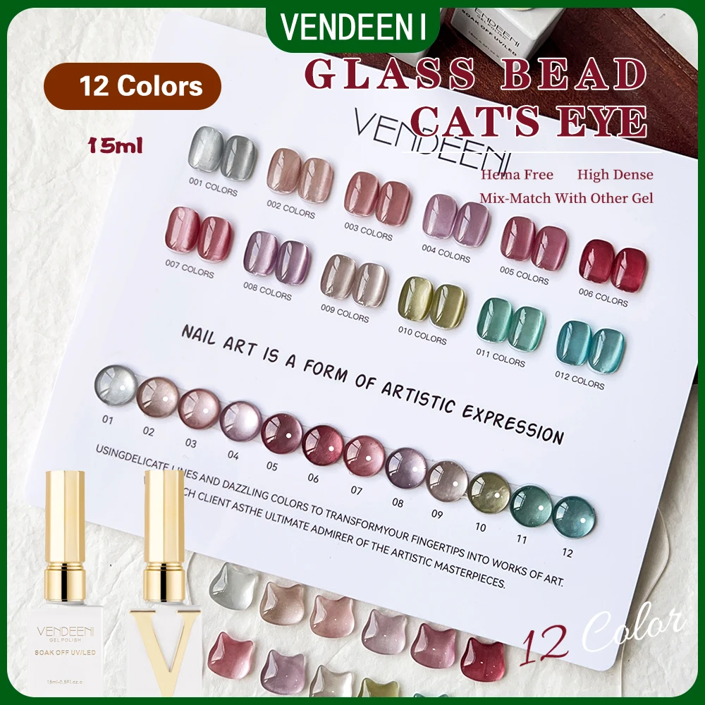 

Vendeeni 12 Colors/Set Crystal Cat Eye Gel Nail Polish Soak Off UV LED Bright Glass Bead Cat Eye Nail Varnish For Nail Manicure