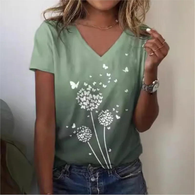 

New Women's Summer Short Sleeved V-neck T-shirt Pullover With Women's Print Fashionable And Casual Versatile Loose Top T-shirt