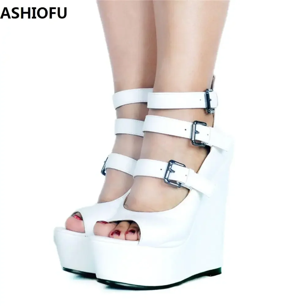 ASHIOFU New Hot Sale Handmade Women Wadge Heel Pumps Three-buckle Straps Party Prom Dress Shoes Club Fashion Evening Court Shoes