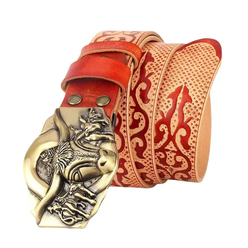 38-センチメートルメンズエスニックスタイル牛頭手作り牛革ベルト純粋な本革銅バックルパターンレトロ男性バックルベルト