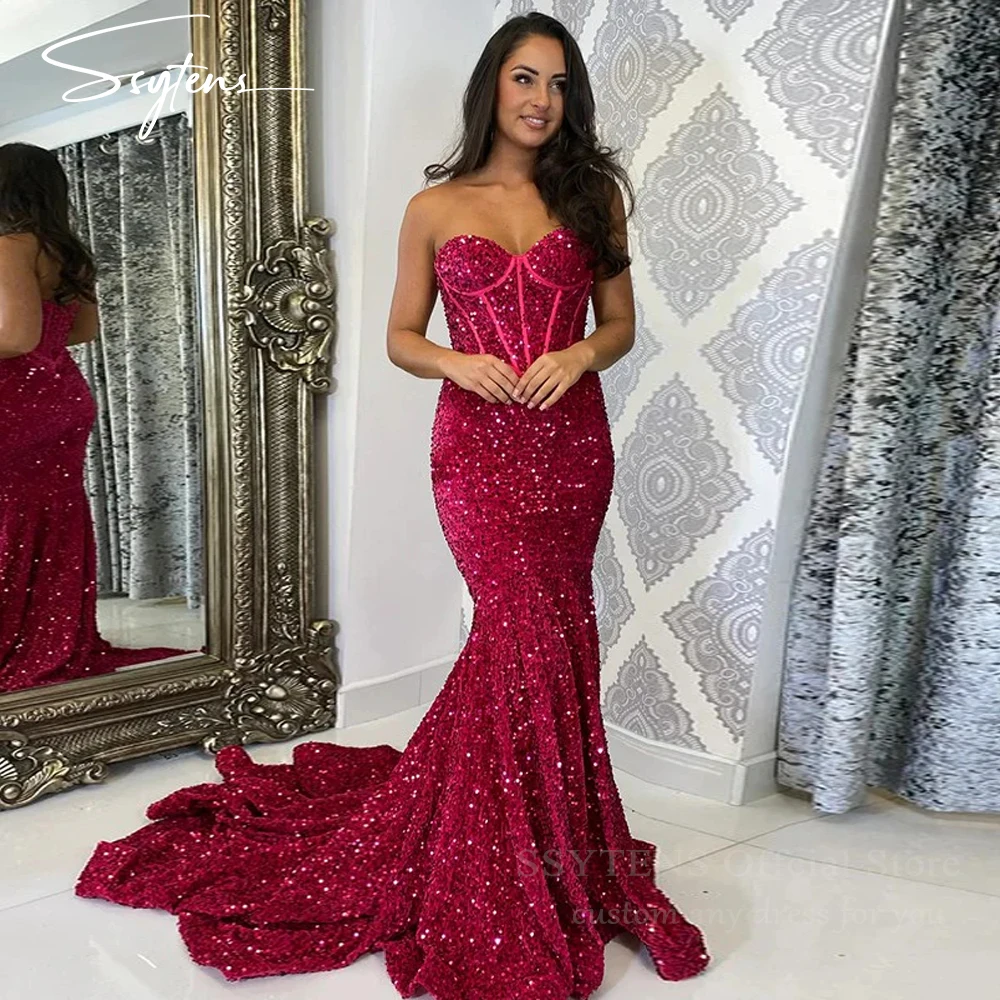 

Sparkly Sequined Pink Mermaid Evening Dresses Sweetheart Long Sleeveless Arabic Women Custom Made Formal Plus Size Prom Gowns