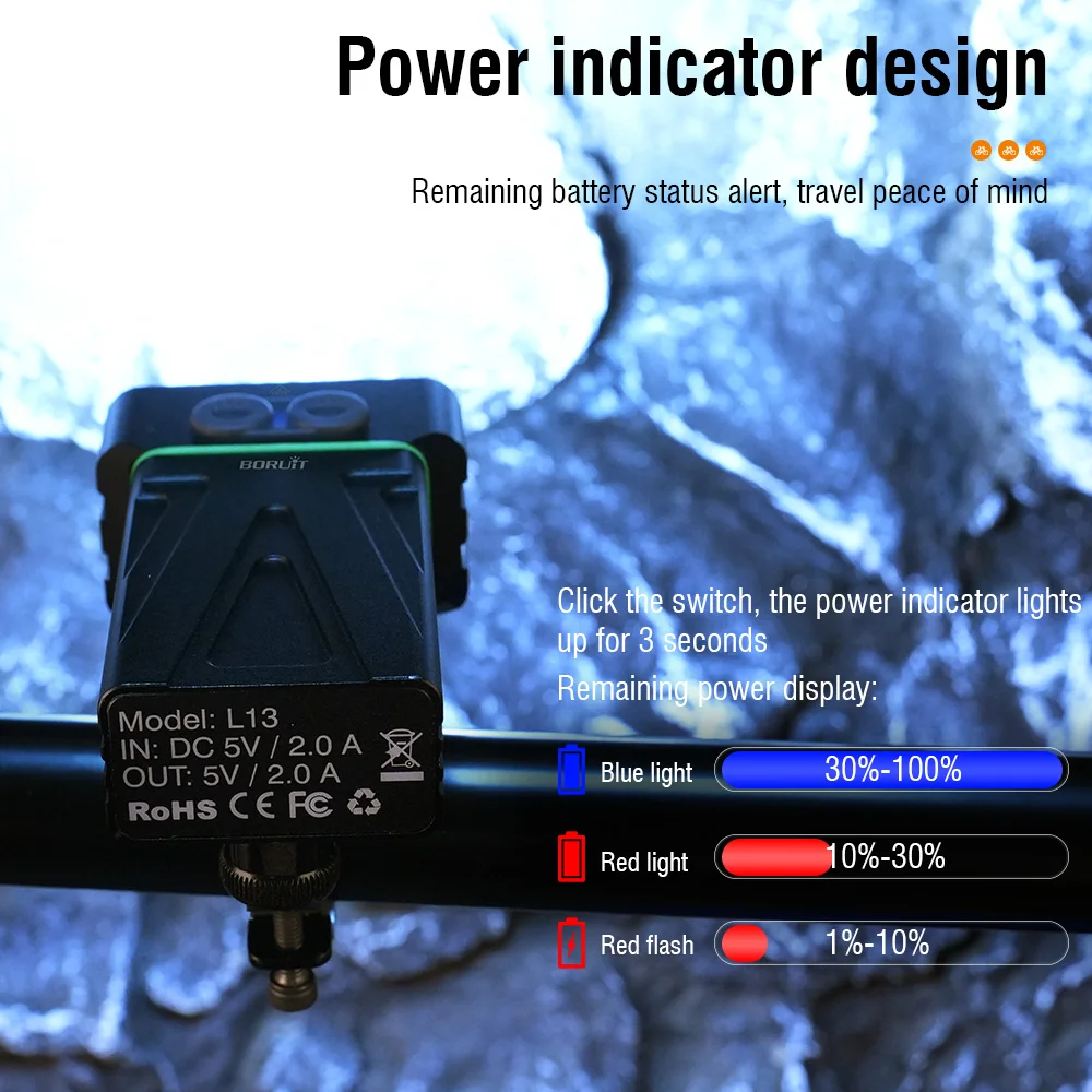 Boruit-bicicleta USB lanterna LED recarregável, tocha rotativa, lâmpada de ciclismo, camping, pesca, ao ar livre, à prova d'água