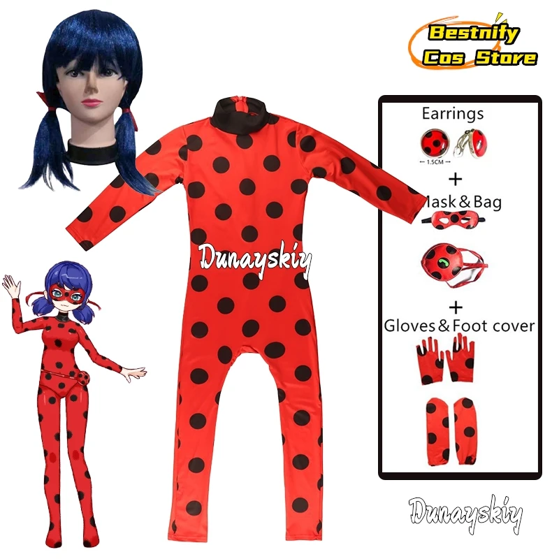 2025 Christmas Reddy Lady Beetle Cosplay Costume Mask Wig with Earrings Kids Set New Year Full Set Children Party Clothing