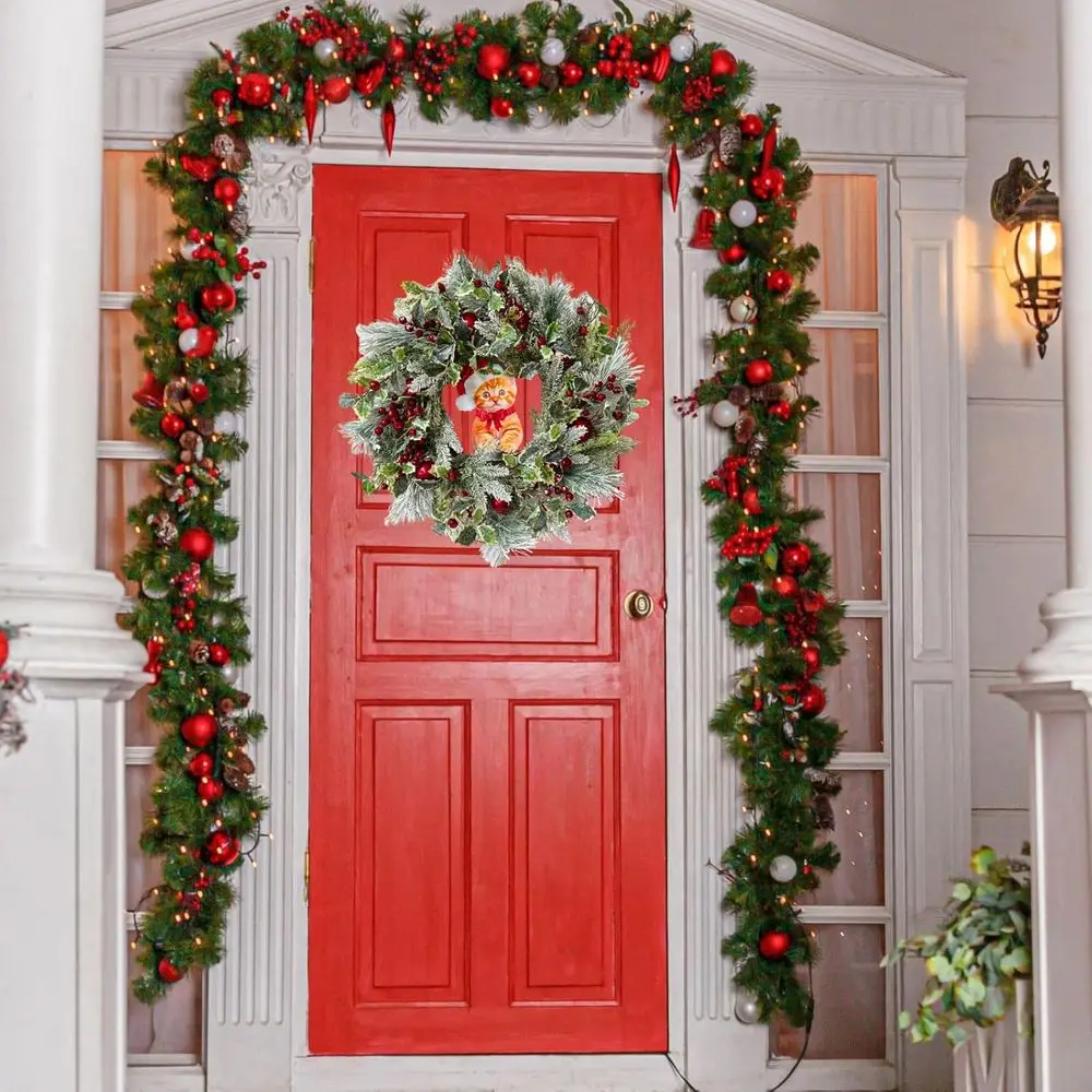 24 إكليل عيد الميلاد المضيء مع الأرز المتدفق والصنوبر والأحمر ولمسات ومؤقت للباب أو الحائط أو رف