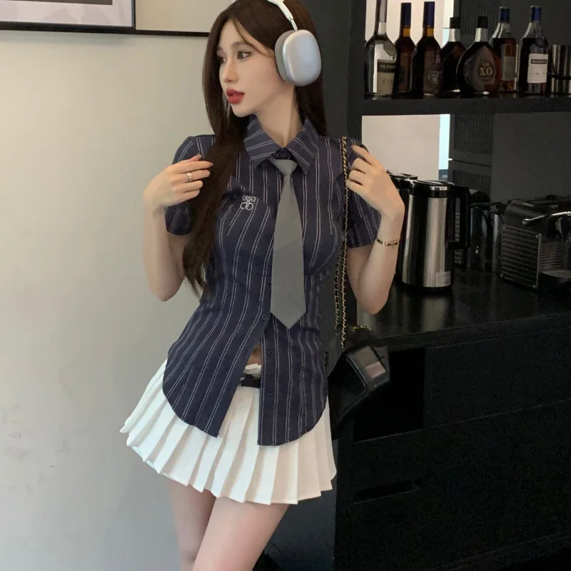 

Summer Women Preppy Style Slim Striped Shirts With Tie Short Sleeve Blouses Japanese Fashion JK Top 2000s Aesthetic Y2k Vintage