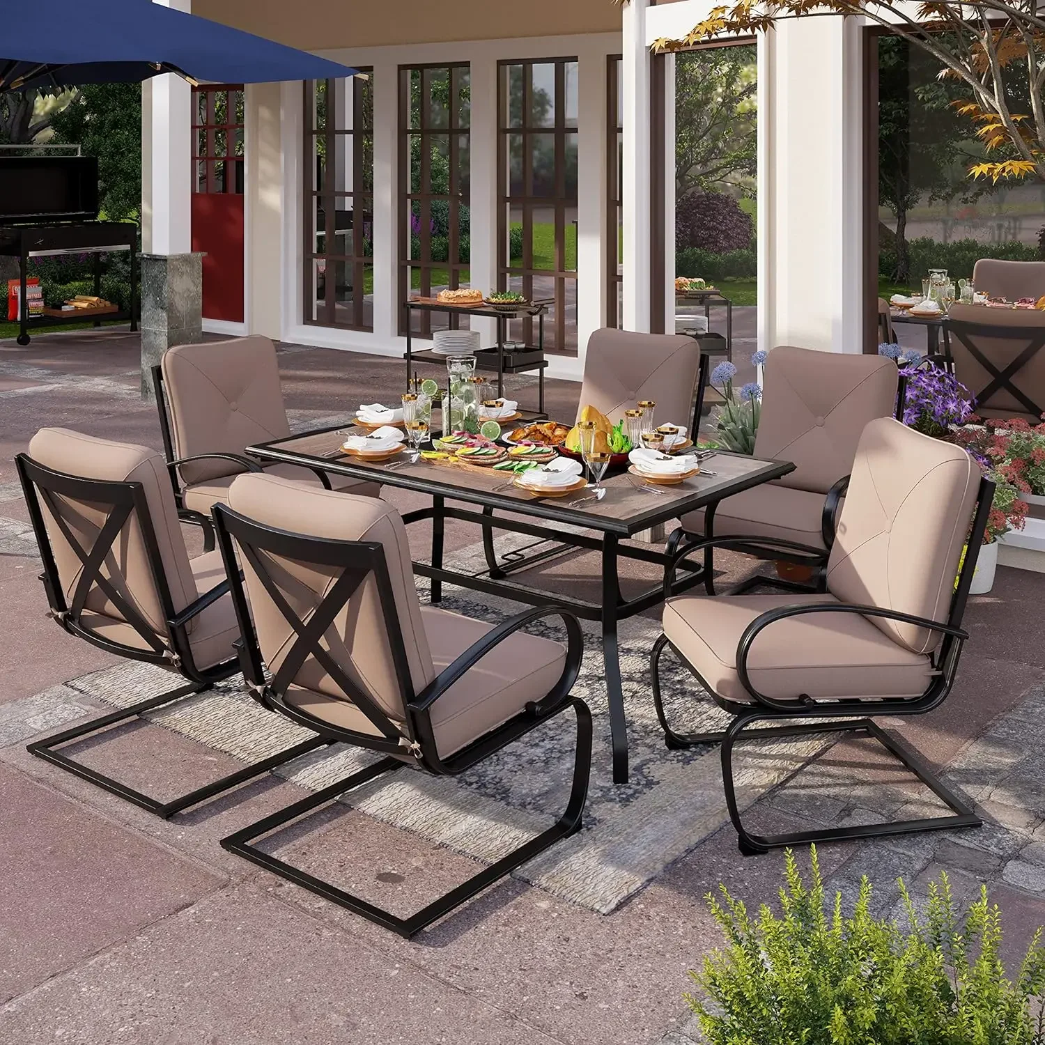 

Patio Dining Set, Outdoor Wood Like Square Dining Table and Extra Wide Spring Motion Chairs, Cushion