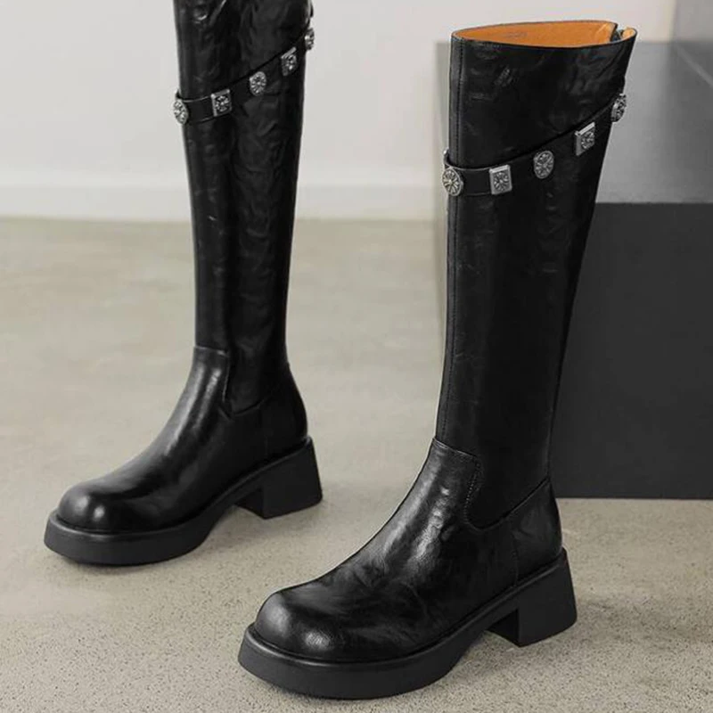 

Autumn and Winter Retro Cowhide Velvet Thick-Soled High Knight Boots Women's Thin Medium and Long Boots Dropshipping