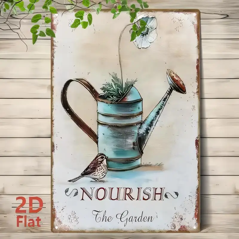 2D Flat Nourish The Garden Vintage Metal Tin Sign - Retro Watering Can & Bird Design, Iron Wall Art for Farmhouse Garden Decor