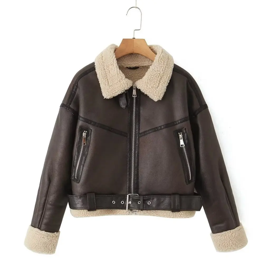 Kurze Jacke im Retro-Motorrad-Stil für Damen, Fell, integriert, Herbst-Winter, neue Mode 8073236
