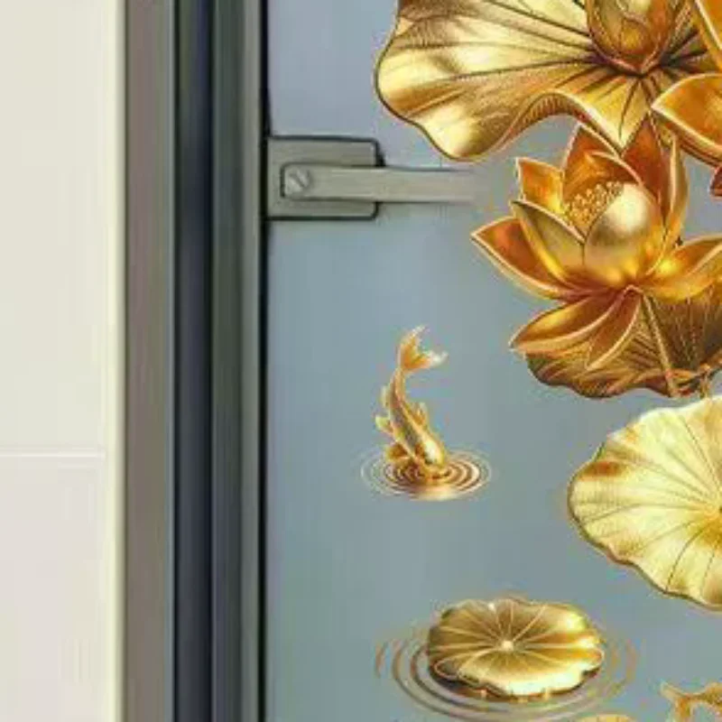 2Pcs Anti-static Flower Koi Sticker Chinese Style Golden Lotus Wall Sticker 3D Effect Decorative Sticker