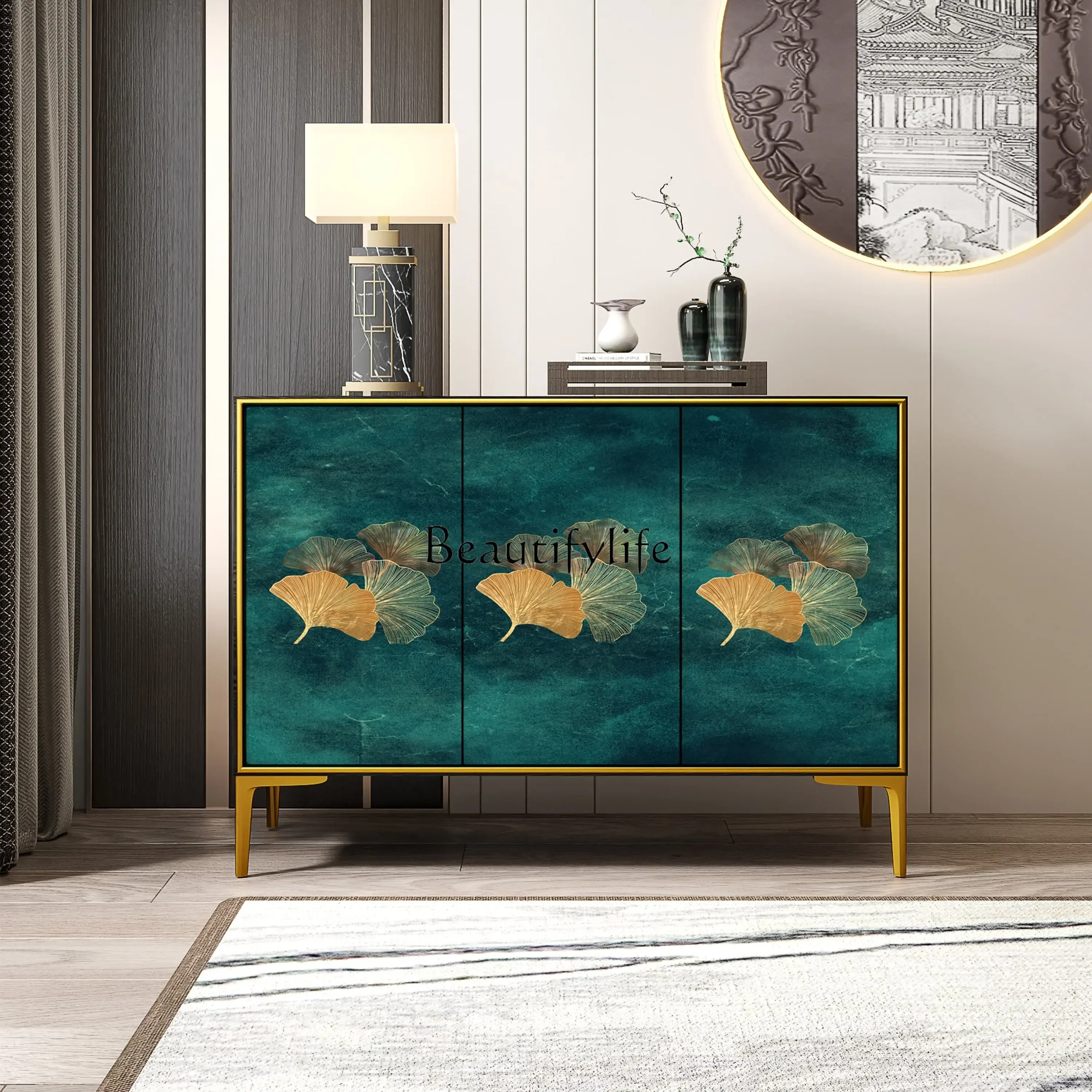 

06Light luxury hotel decorative cabinet New Chinese-style homestay entrance painted multi-functional shoe cabinet