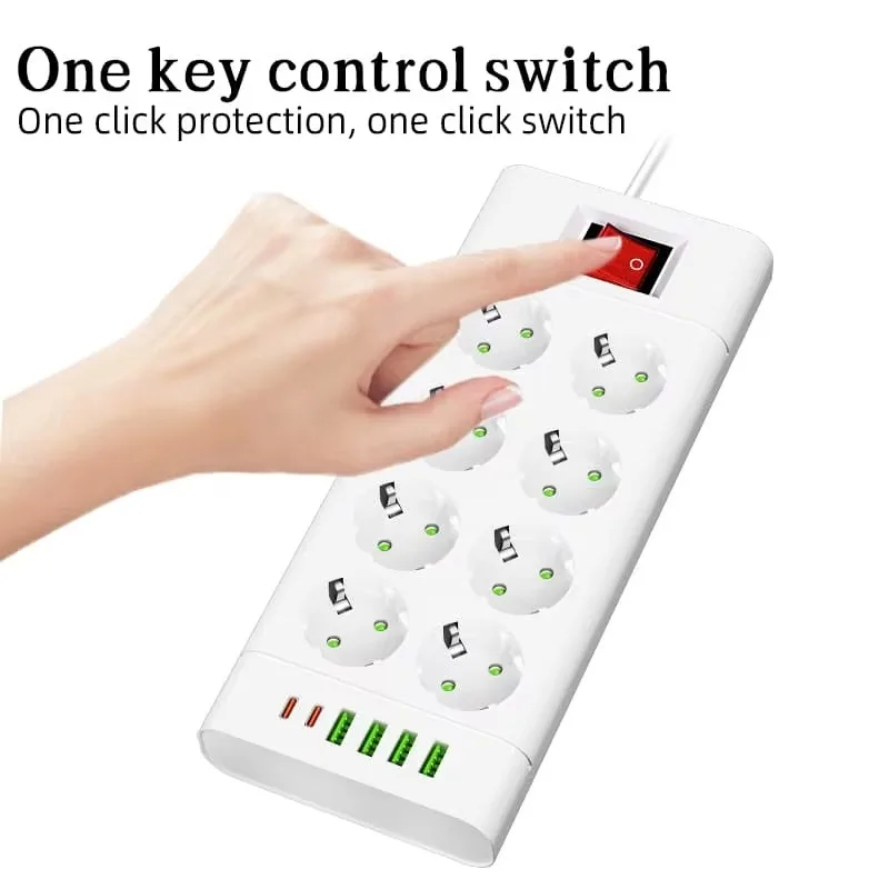 EU Plug Power Strip Outlet Extension Cord 6,8 or 10 Electrical Socket with 4 USB and 2 Type-C Ports Support 2500W Home Appliance view 2