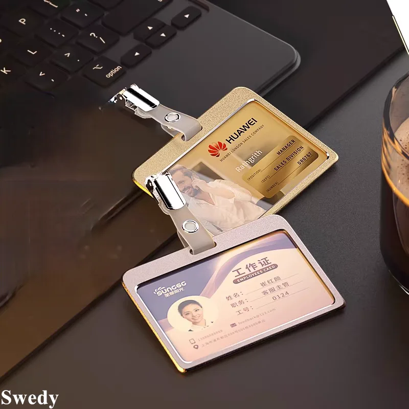 Aluminum Alloy Work ID Badge Card Holder Protector Case With Clip Metal Identification Bus Name Card Tags Cover