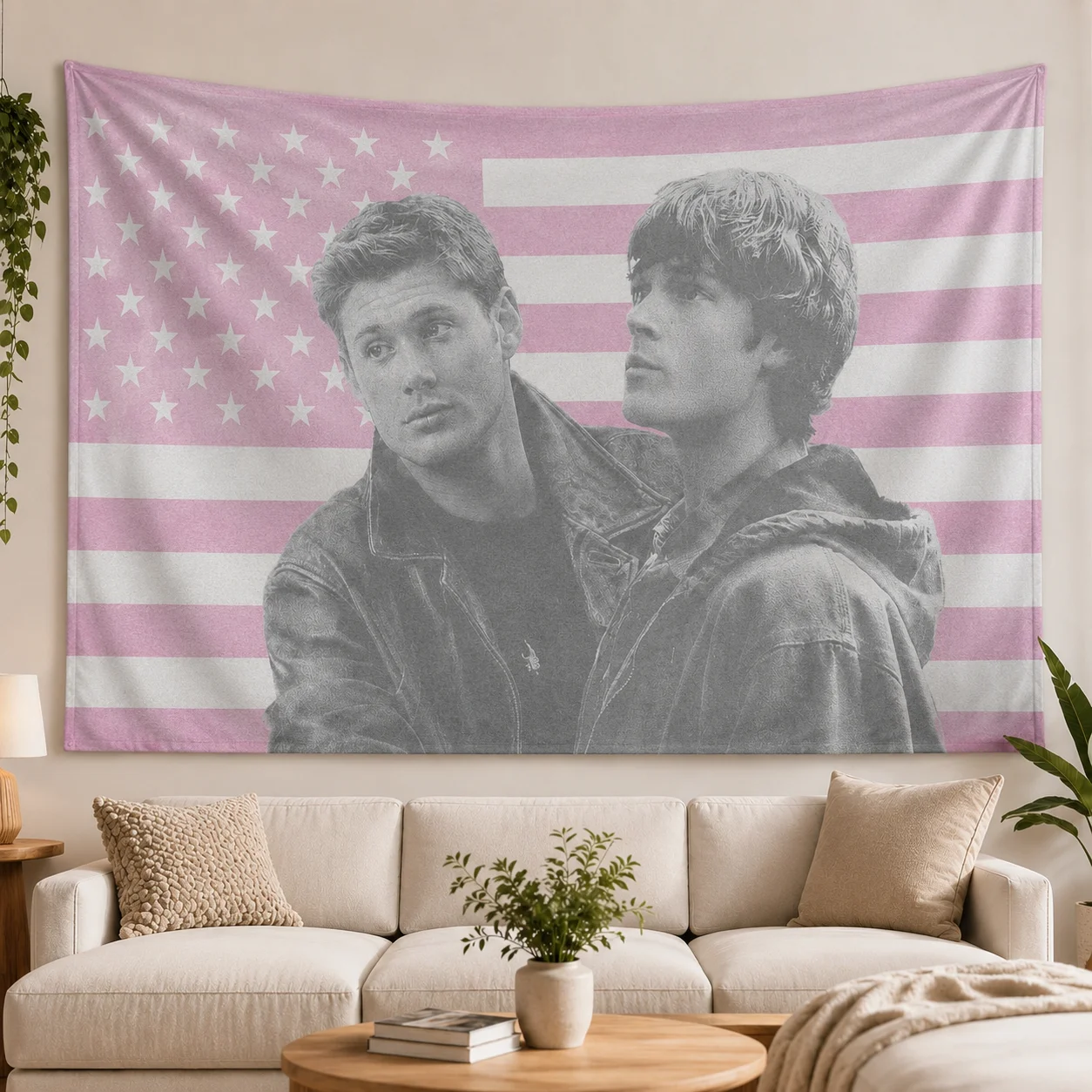 Dean & Sam Winchester Must-Have Tapestry Pink US Flag Stars Stripes Flat Print Wall Hanging for Bedroom Dorm Room Decor