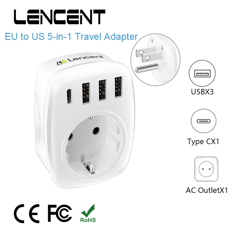 LENCENT EU to US Travel Adapter  with 1 AC Outlet 3 USB and 1 Type C Port Charger Adapter Overload Protection 5-in-1 Plug Socket