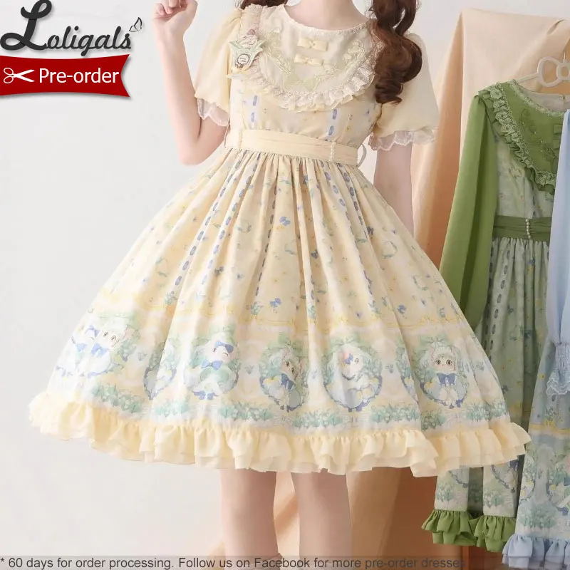 Pre-order Sweet Short Sleeve Lolita Dress Printed Casual Party Dress ~ Lily of the Valley & Kitten by Strawberry Witch