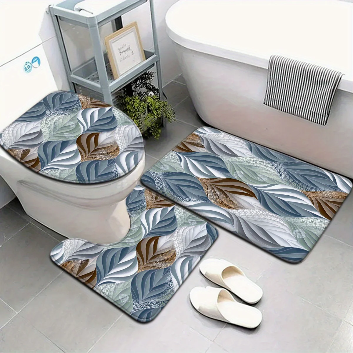 

3pcs/4pcs Bohemian Blue Leaf Pattern Bathroom Mat Set Toilet Lid Cover and Rug Bath Decor U-Shaped Foot Pad