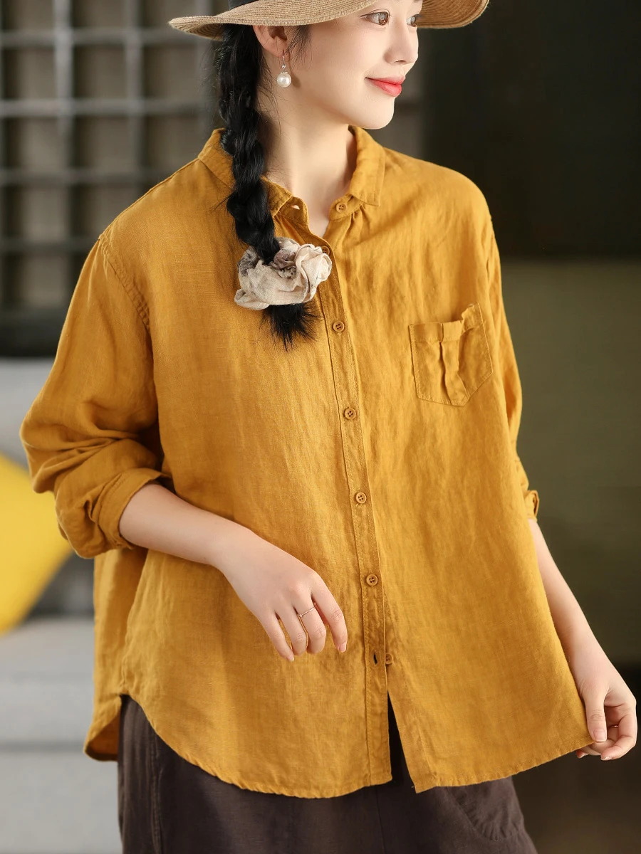 

Retro Waed Linen irt Women's Spring Long Sve Turn-down Collar Breathable Comfortable Loose Fit Single Button Top