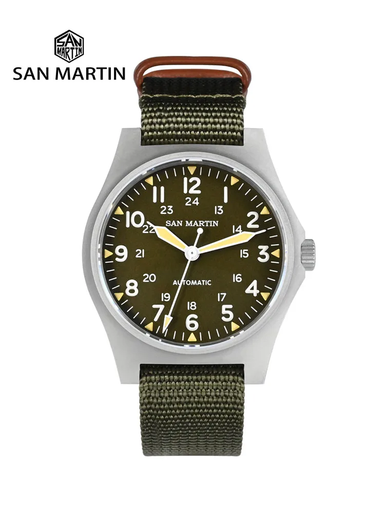 

San Martin Pilot Watch 38mm NH35 Retro Military Automatic Mechanical Wristwatch Bead Blasted Case Waterproof 100m Lum SN0137G