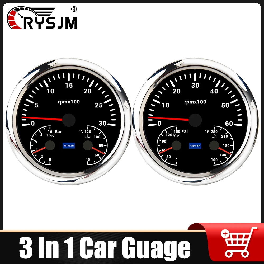 

3 In 1 Digital Indicator Gauge Tachometer + Oil Pressure Gauge + Water Temperature Meter Waterproof Car Accessories For 12V24V