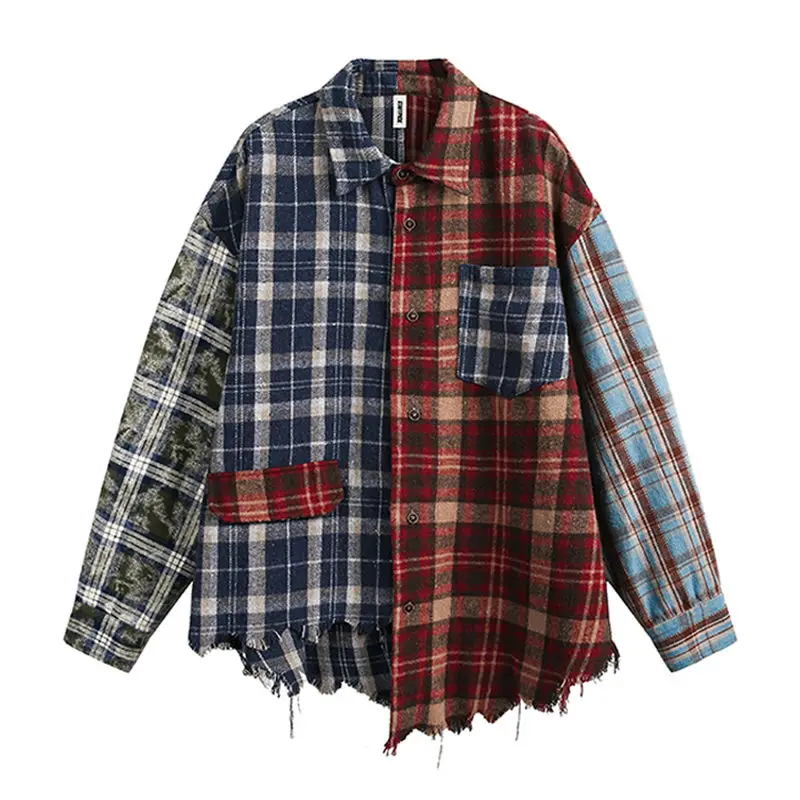 BEIANJI early spring new design sense irregular splicing plaid shirt men's trend European and American street long-sleeved shirt
