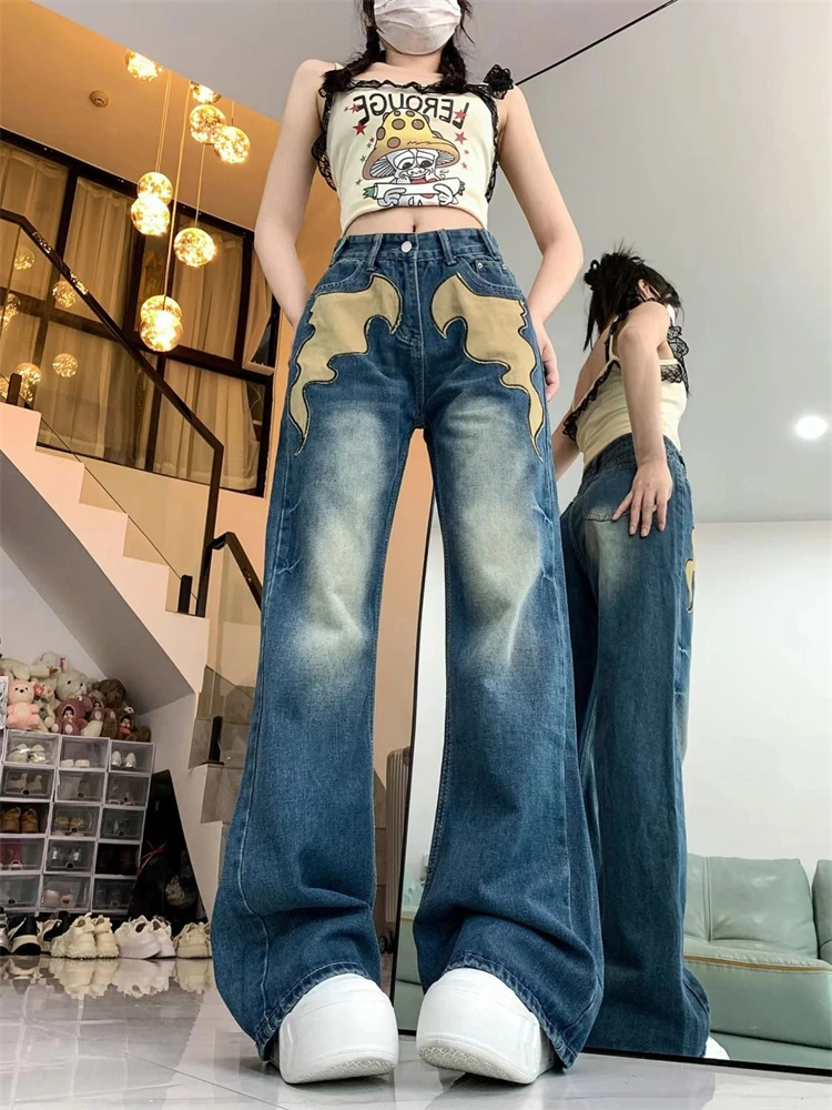 

Women's Contrasting Embroidery Vintage Style Jeans Punk Street Trousers Young Girl Bottoms Female High Waisted Denim Pants