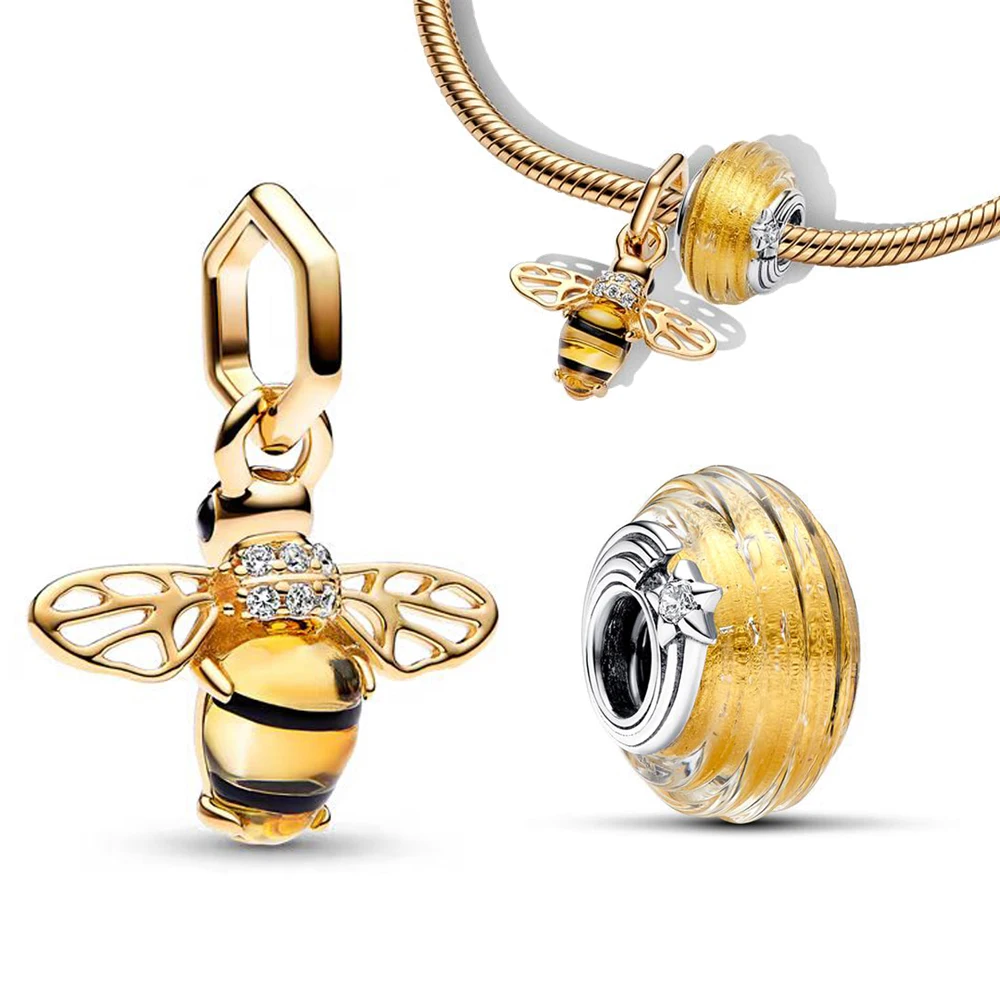 

Sparkling Bee & Shooting Star Grooved Murano Glass Charm Fit Original Pan Bracelet DIY Beads Fashion Woman Jewelry Birthday Gift