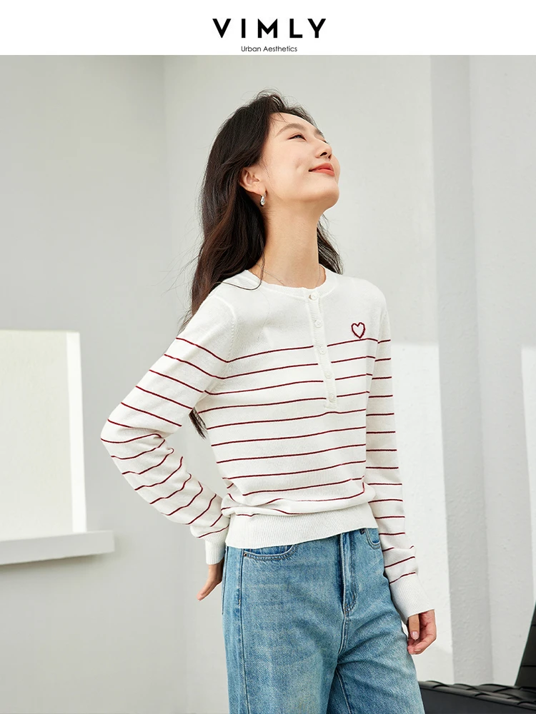 Vimly-Pull en laine mélangée pour femme, haut rayé à manches longues, pulls en tricot à col rond, printemps 2024, 72880