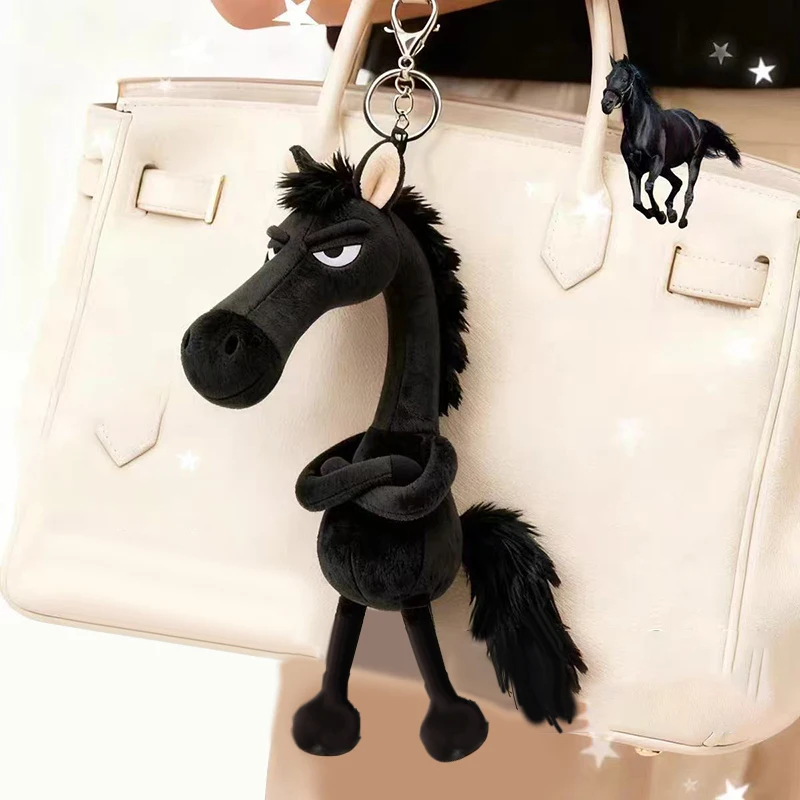 2026 Año del caballo mascota caballo colgante creativo dibujos animados caballo negro llavero de felpa colgante bolsa ornamento regalos de Año Nuevo