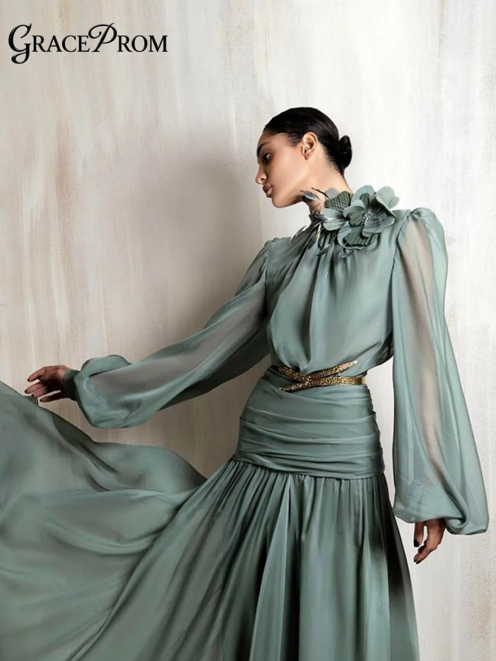 2026 Neues Salbeigrünes Chiffon-Abendkleid Luxuriöses A-Linien Bodenlange Abendrobe Funkelndes Perlenbesetztes Cocktailkleid فساتين سهرة