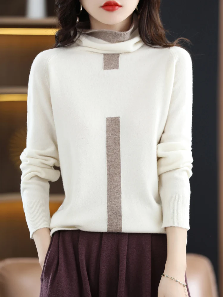 100% merino sweater ladies sweater turtleneck pullover spring and autumn new color matching top Korean high-end fashion soft