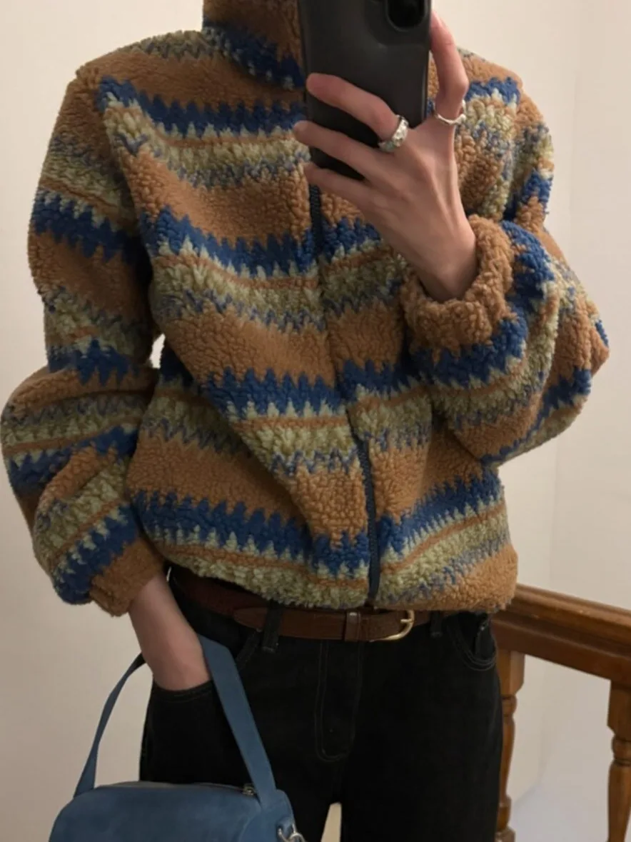 

Retro Versatile Striped Fce Warm Outerwear Women's Winter Casual ort Top Polyester Fiber Zipper Korean Sle Loose Fit